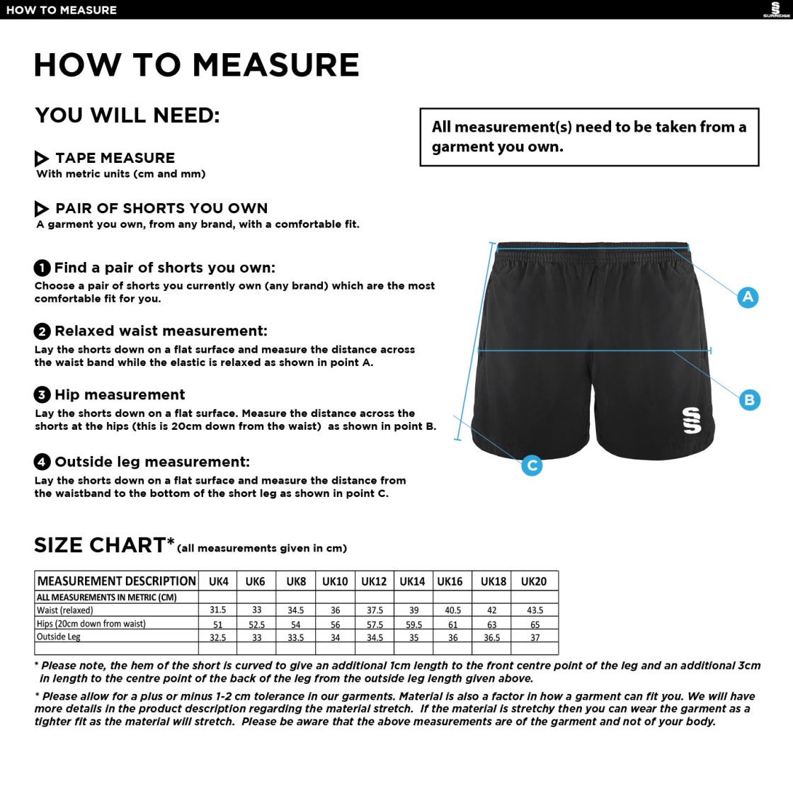 PSC - Performance Gym Short - Navy - Girls Fit - Size Guide