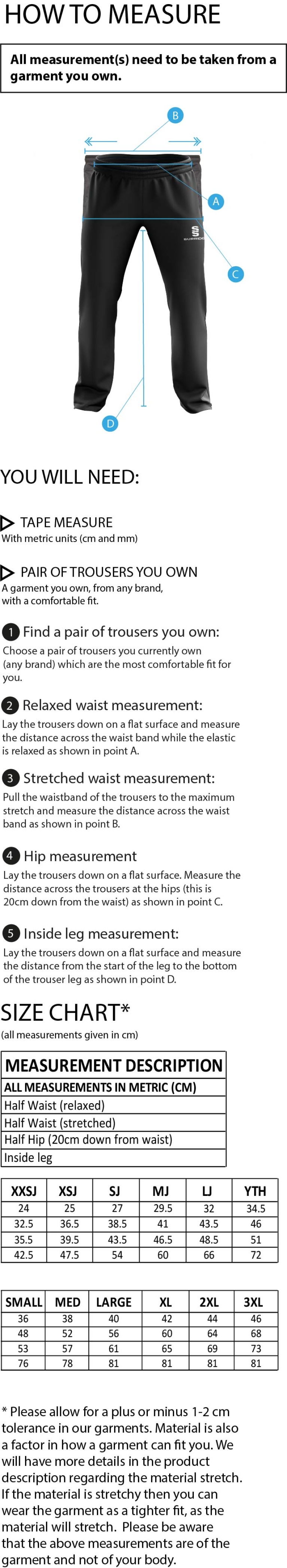 PSC - Dual Poplin Track Pant with Lycra - Unisex Fit - Size Guide