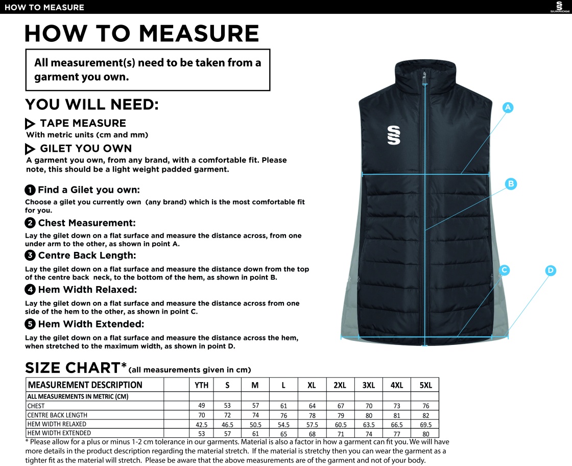 PSC Team Manager - Active Gilet - Unisex Fit - Size Guide