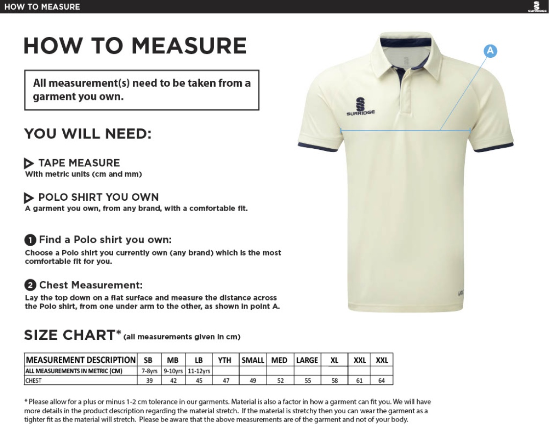 PETER SYMONDS COLLEGE CRICKET SHIRT - Men's / Juniors - Size Guide
