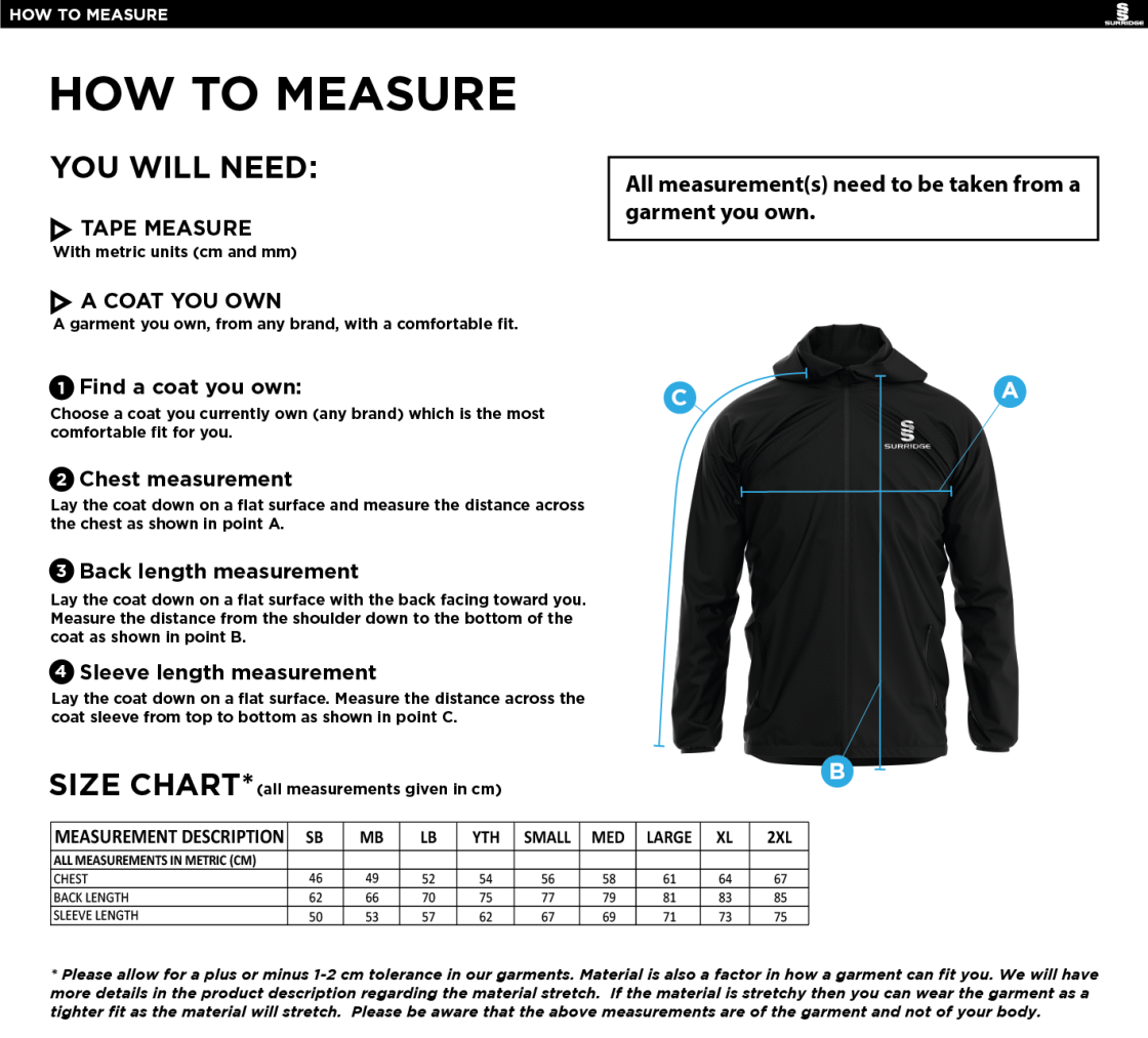 PSC Students - Dual Elite 1/4 Zip Hoody / Rain Jacket - Unisex Fit - Size Guide