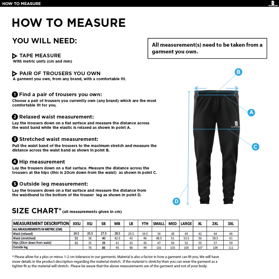 PSC - Tek Slim Training Pants - Unisex Fit - Size Guide