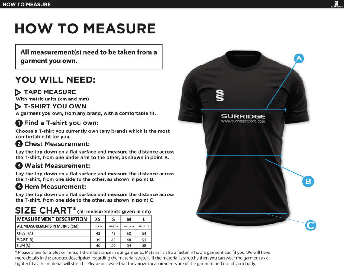 PSC Sport & PE - Impact T-Shirt - Navy - Ladies Fit - Size Guide