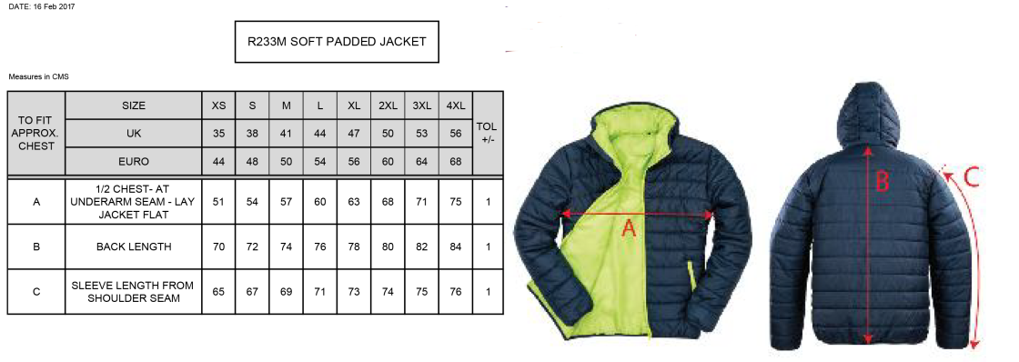 PSC Students - Supersoft Padded Jacket - Navy - Unisex Fit - Size Guide