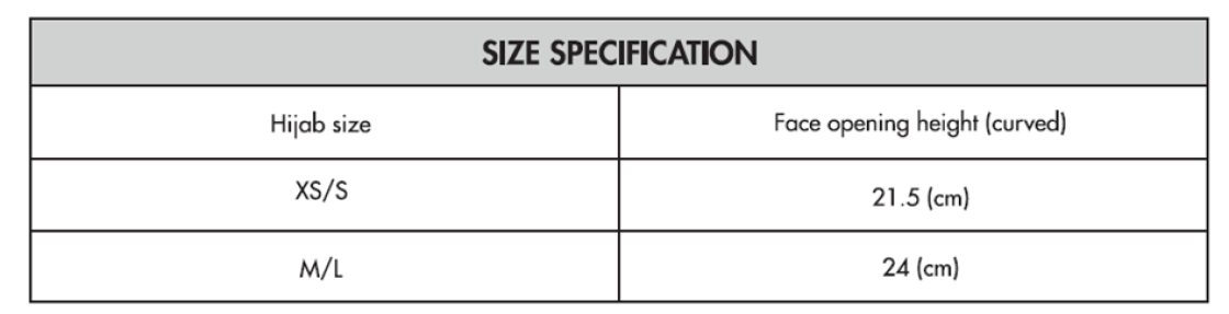 PSC - Dual Sports Hijab - Size Guide