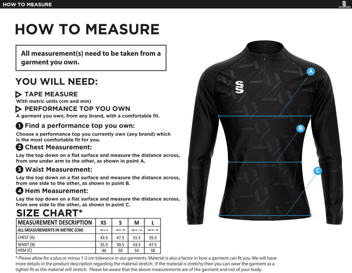 PSC Team Manager - Impact 1/4 Zip Performance Top - Navy - Ladies Fit - Size Guide