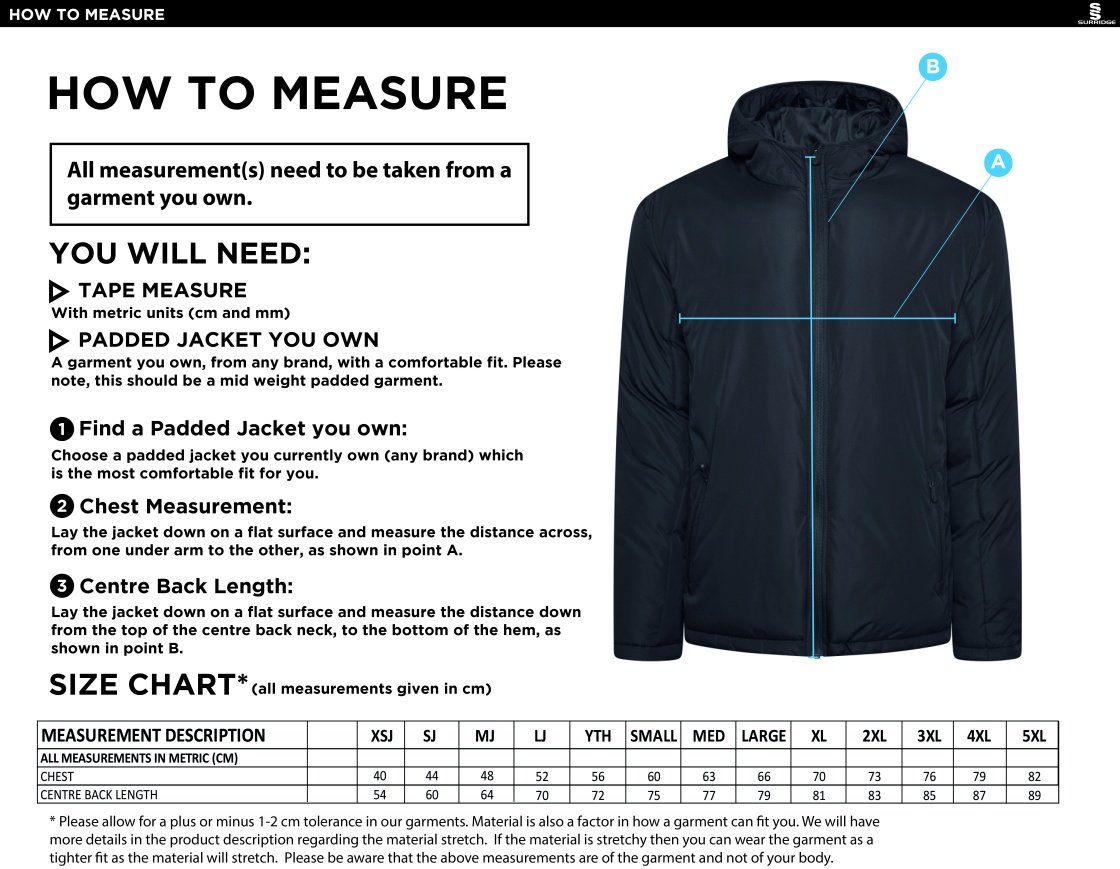 PSC Sport & PE - Active Padded Jacket - Navy - Unisex Fit - Size Guide