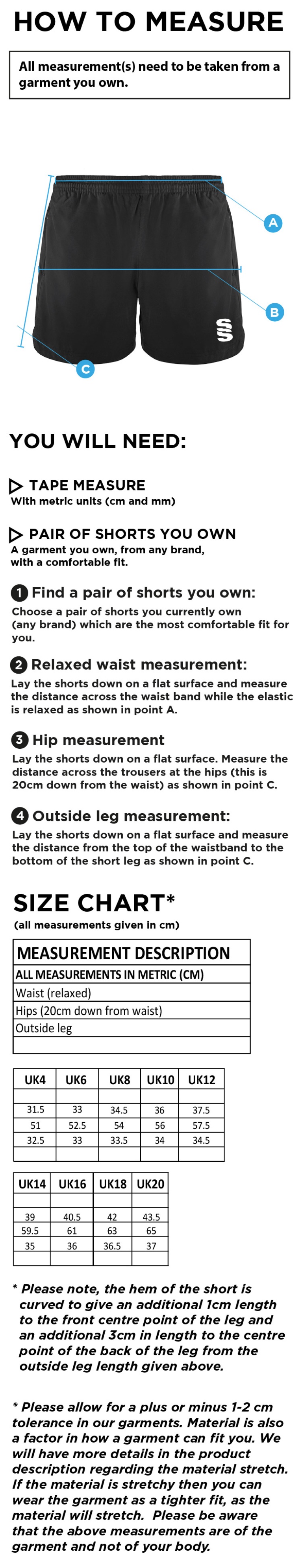 PSC - Performance Gym Short - Navy - Girls Fit - Size Guide