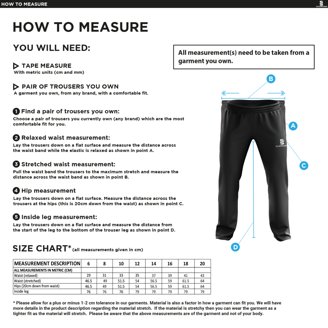 PSC - Dual Poplin Track Pant with Lycra - Girl's Fit - Size Guide