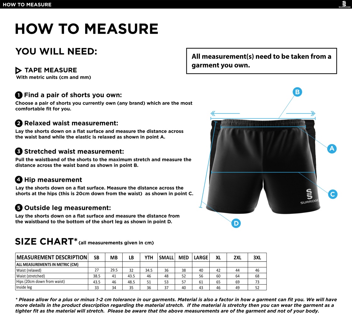 PSC - Performance Gym Short - Navy - Unisex Fit - Size Guide
