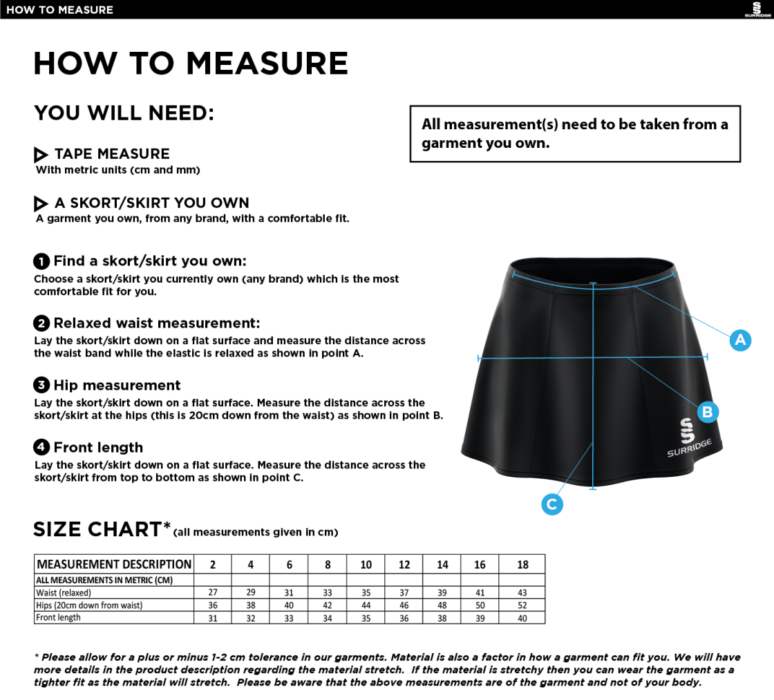 PSC - Blade Skort - Royal - Size Guide