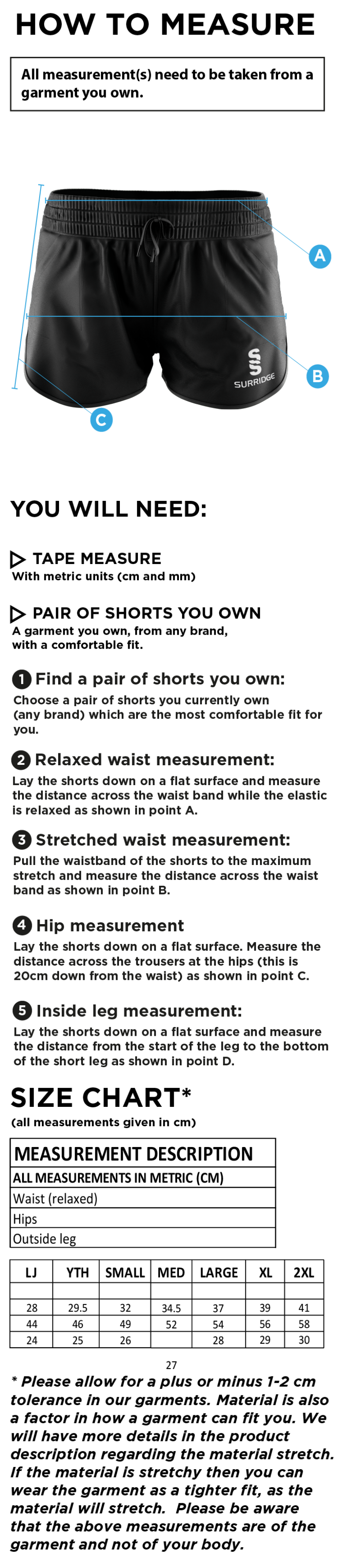 PSC - Dual Active Short - Girl's Fit - Size Guide