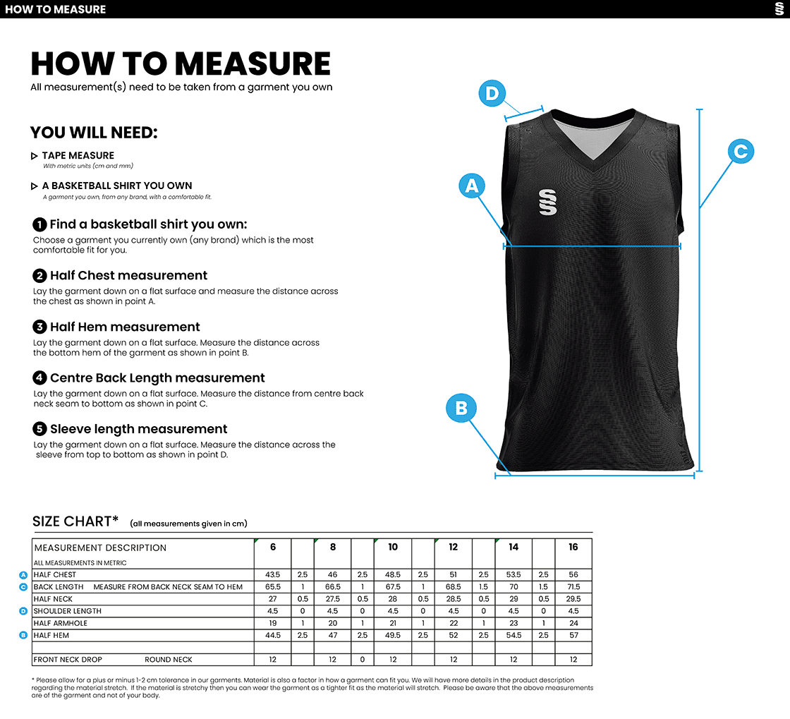 PETER SYMONDS COLLEGE - BASKETBALL VEST - Women's Fit - Size Guide