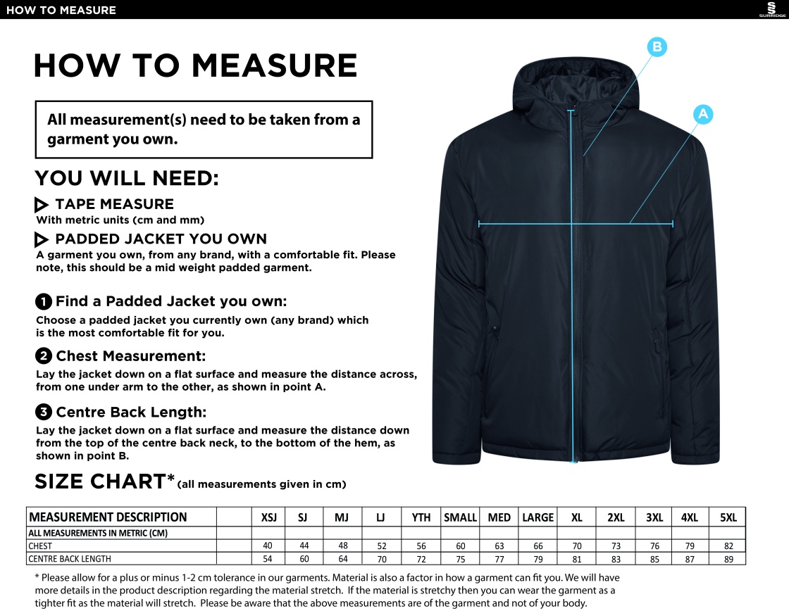 PSC Team Manager - Active Padded Jacket - Navy - Unisex Fit - Size Guide