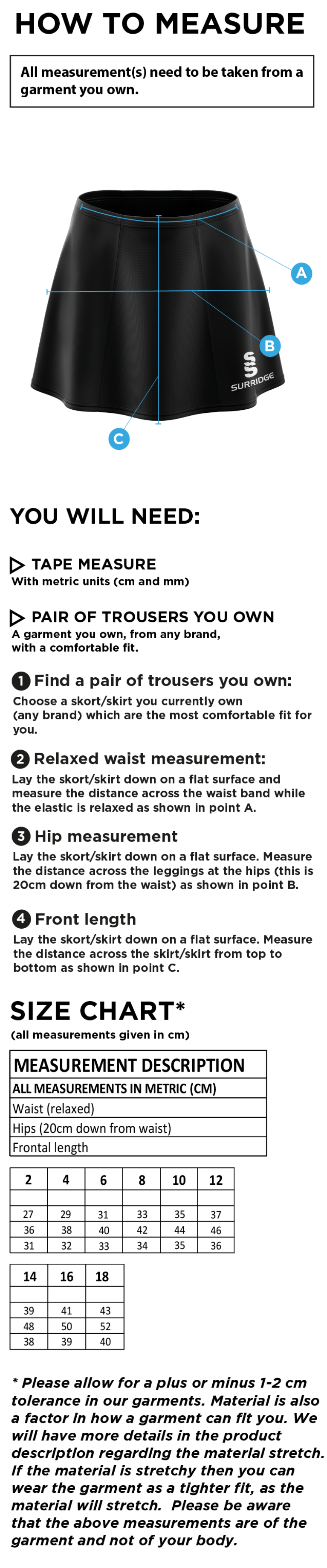PSC - Blade Skort - Navy - Size Guide