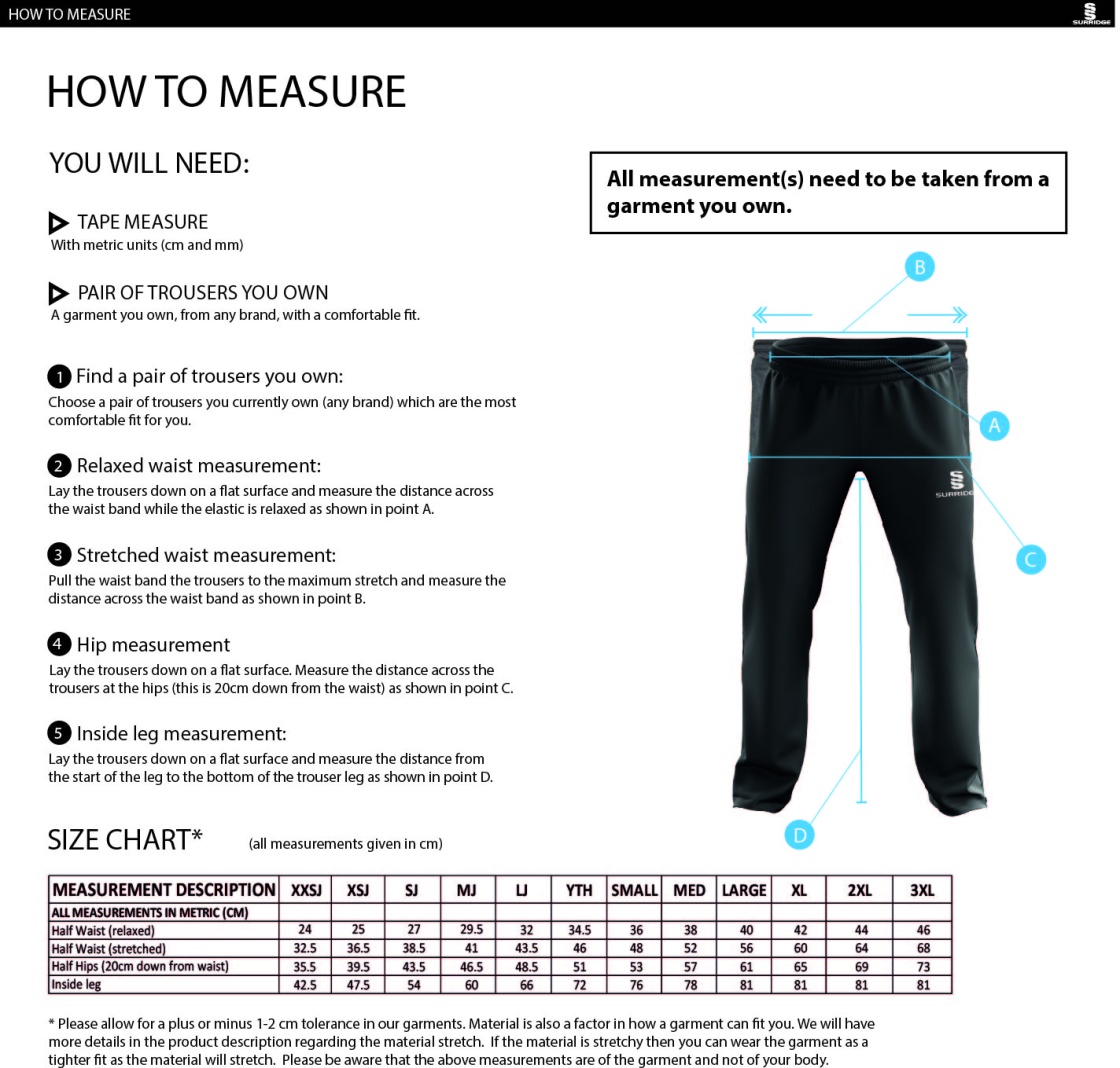 PSC - Dual Poplin Track Pant with Lycra - Unisex Fit - Size Guide