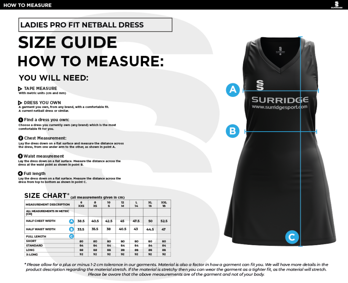 PETER SYMONDS COLLEGE NETBALL DRESS - Size Guide