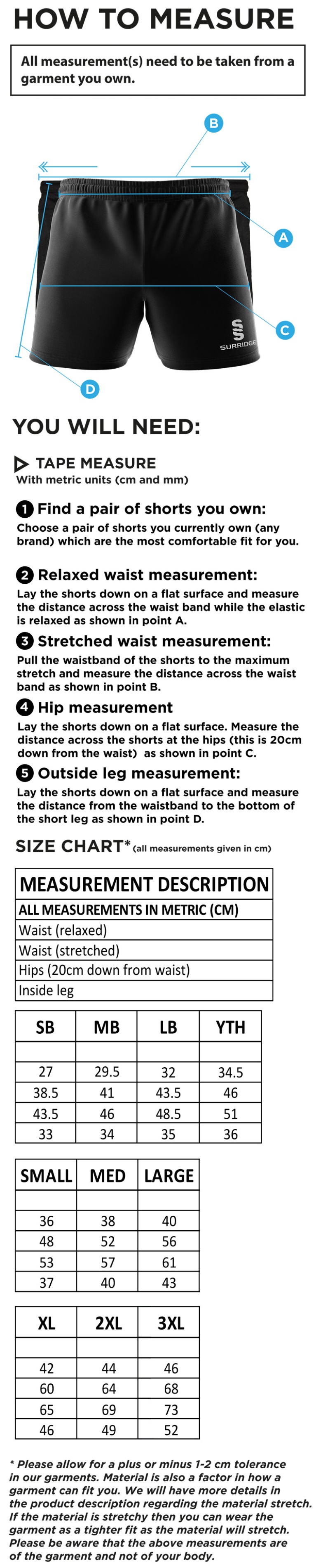 PSC - Performance Gym Short - Navy - Unisex Fit - Size Guide