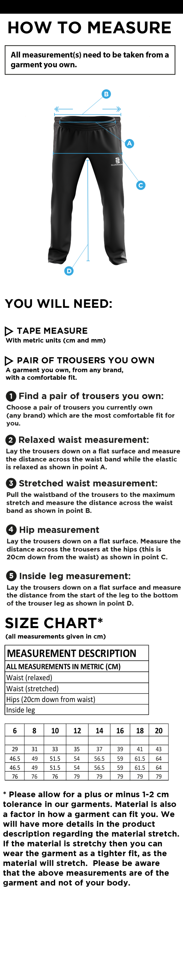 PSC - Dual Poplin Track Pant with Lycra - Girl's Fit - Size Guide