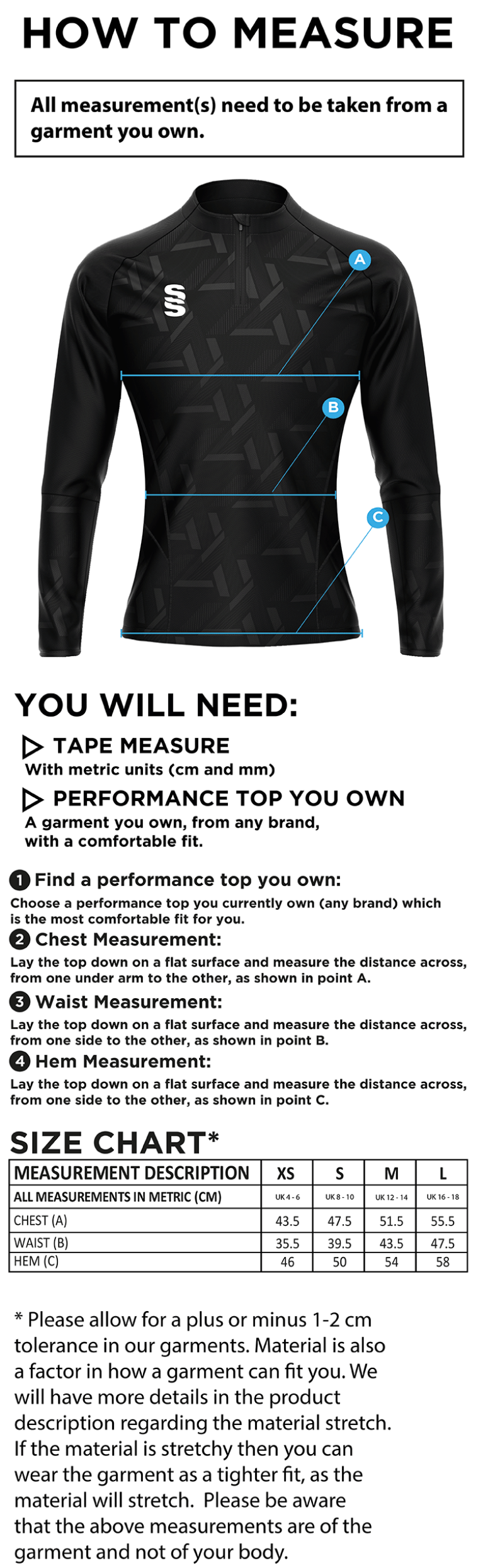 PSC Team Manager - Impact 1/4 Zip Performance Top - Navy - Ladies Fit - Size Guide