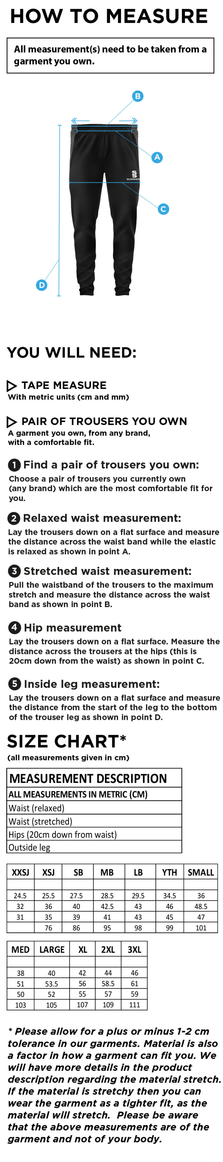 PSC - Tek Slim Training Pants - Unisex Fit - Size Guide