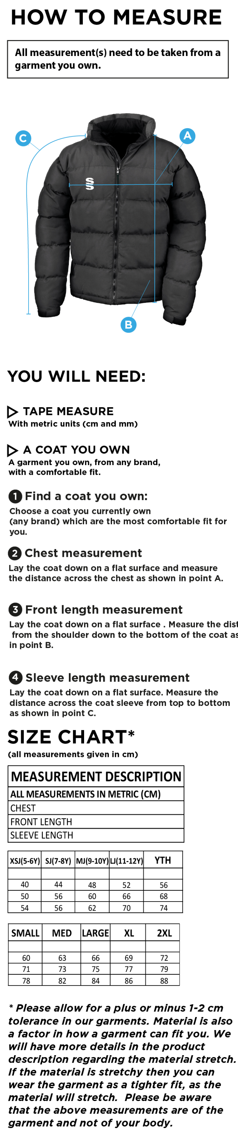 PSC Team Manager - Dual Puffa Jacket - Boy's Fit - Size Guide