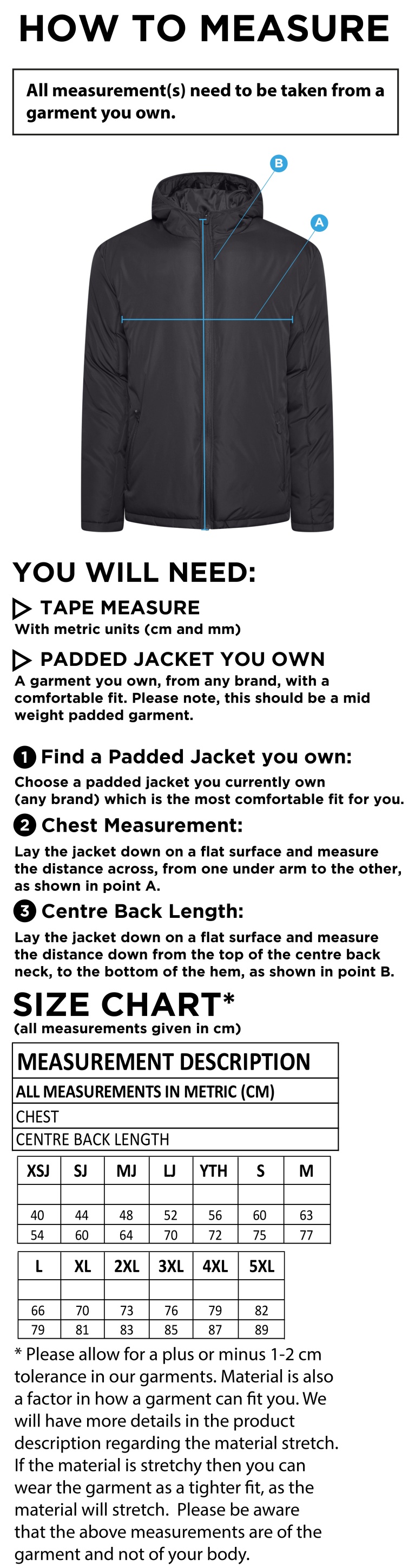 PSC Sport & PE - Active Padded Jacket - Navy - Unisex Fit - Size Guide