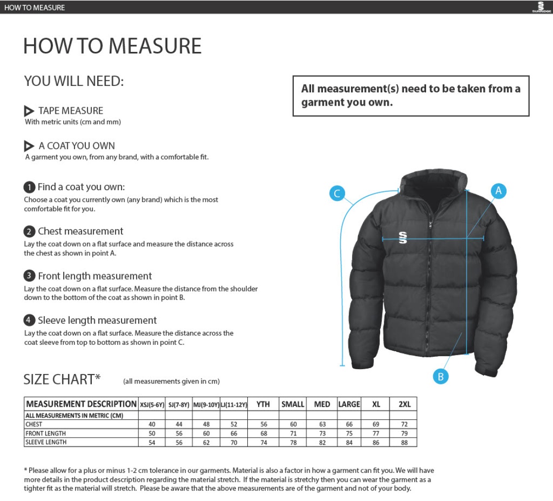 PSC Team Manager - Dual Puffa Jacket - Boy's Fit - Size Guide