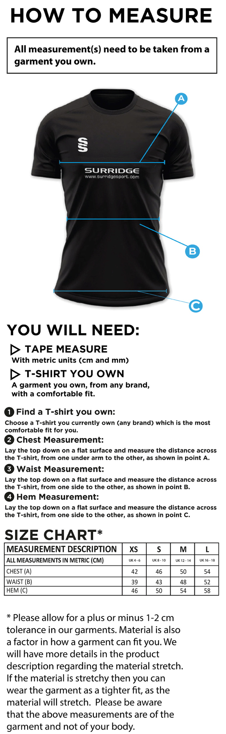 Peter Symonds College - Table Tennis T-Shirt - Women's Fit - Size Guide