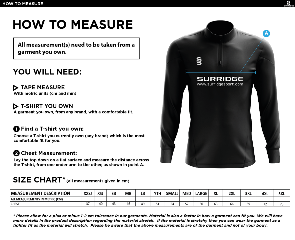 PSC Sport & PE - 1/4 Zip Dual Performance Top - Navy - Unisex Fit - Size Guide