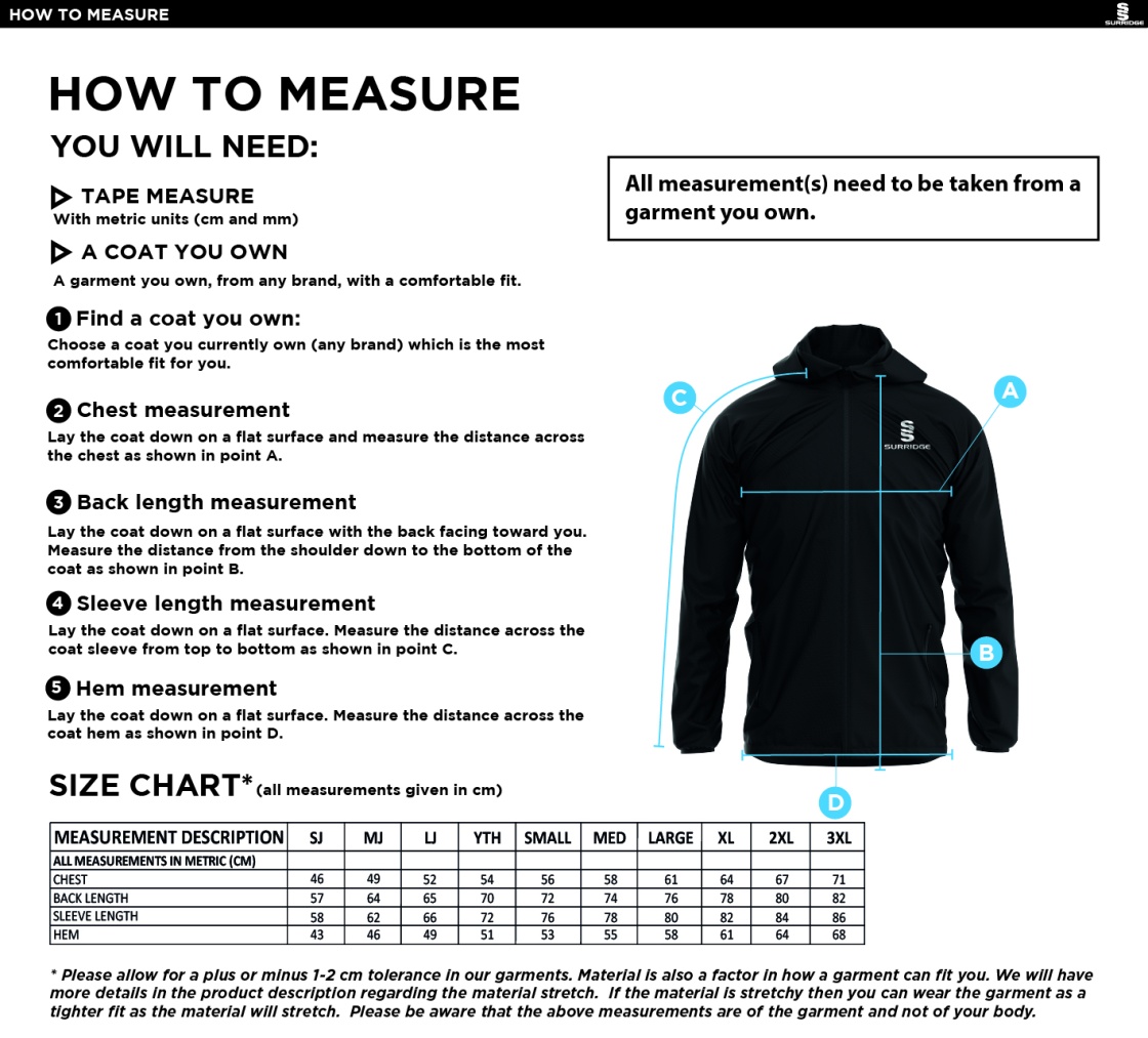 PSC Students - Dual Elite 1/4 Zip Hoody / Rain Jacket - Unisex Fit - Size Guide