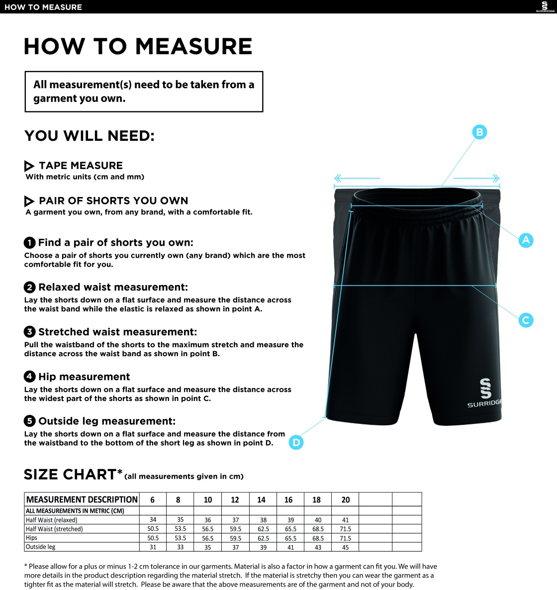 PETER SYMONDS COLLEGE - VOLLEYBALL SHORTS - Women's Fit - Size Guide