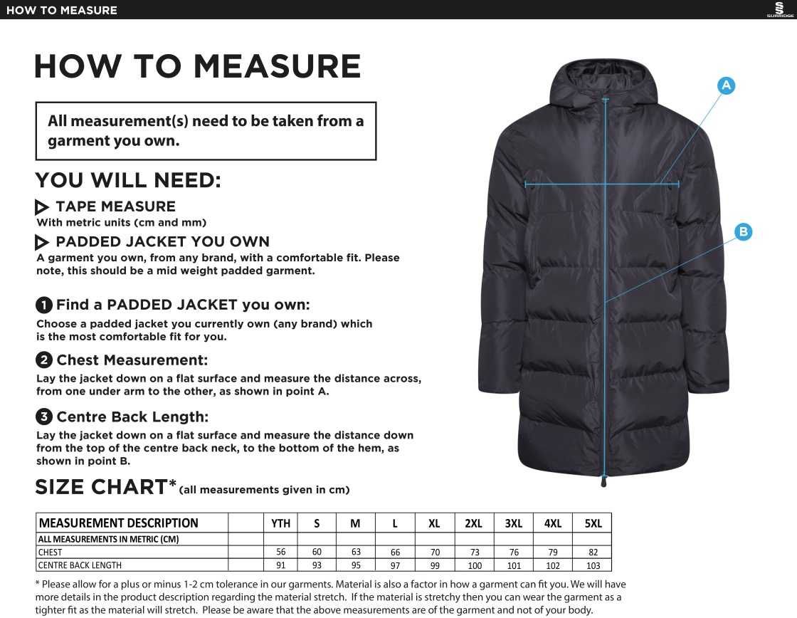 PSC Sport & PE - Active Long Padded Jacket - Navy - Unisex Fit - Size Guide