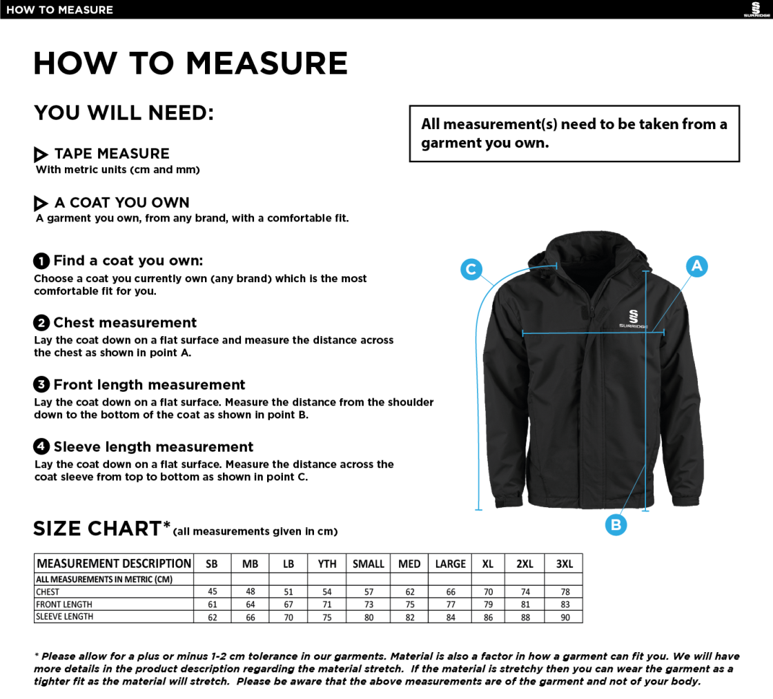 PSC Students - Dual Fleece Lined Jacket - Navy - Unisex Fit - Size Guide