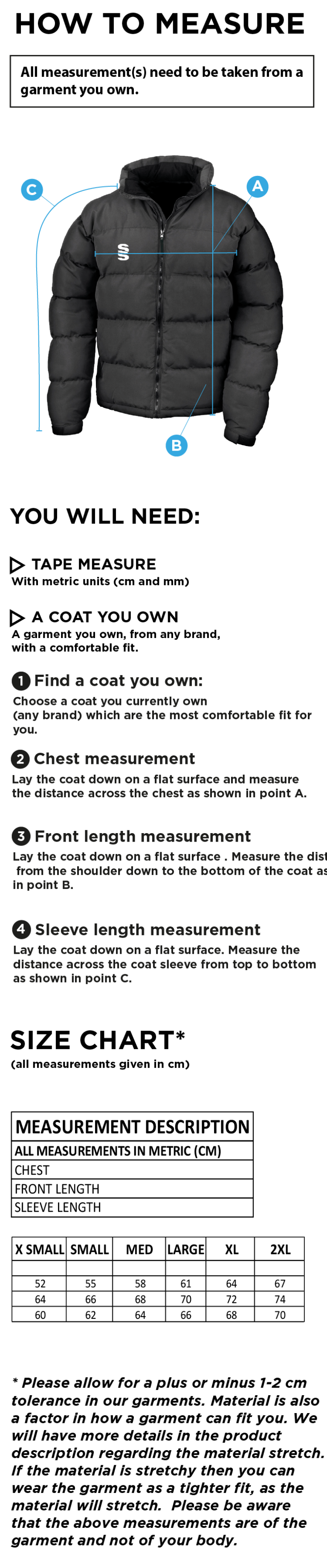 PSC Team Manager - Dual Puffa Jacket - Girl's Fit - Size Guide