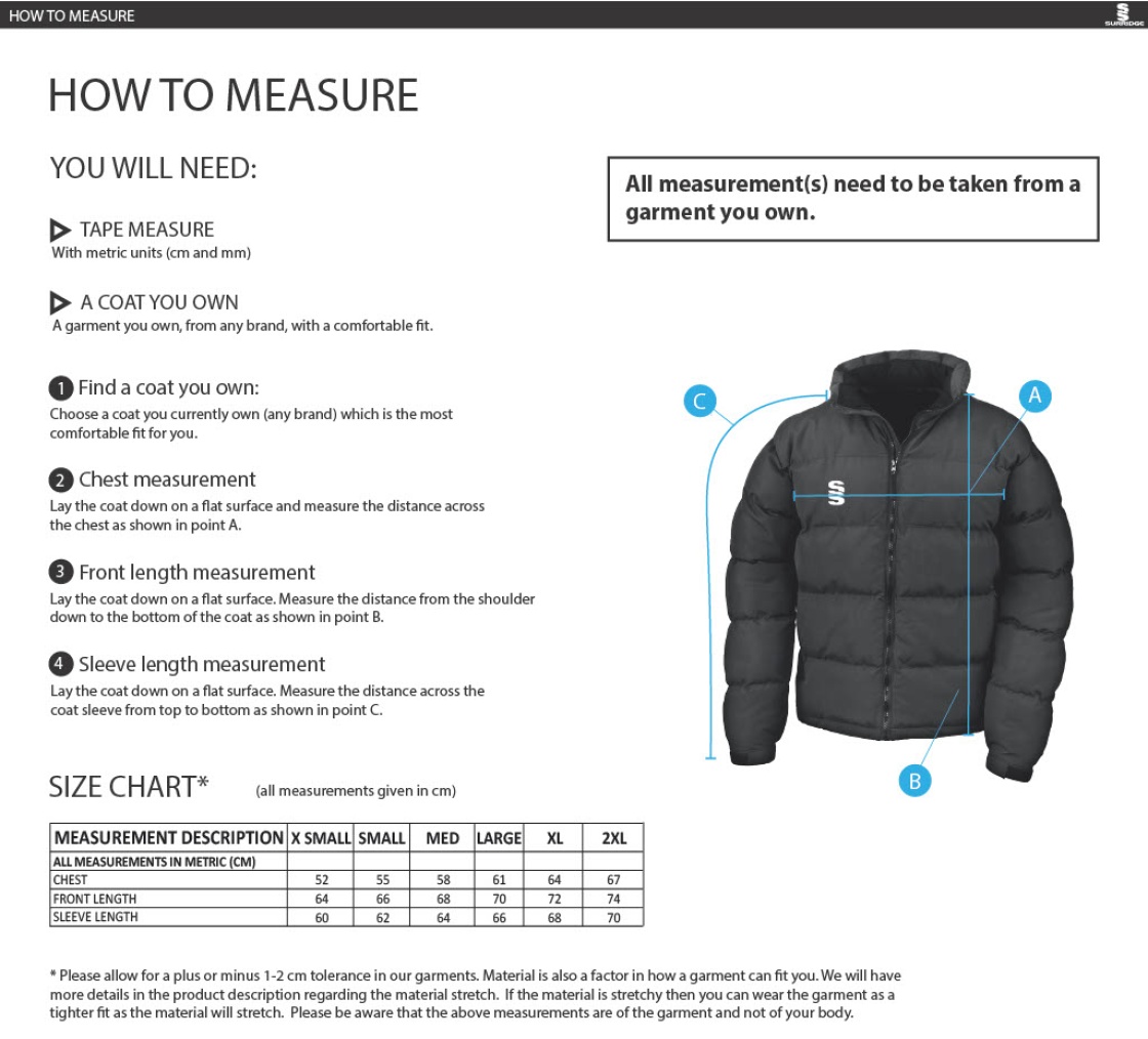 PSC Team Manager - Dual Puffa Jacket - Girl's Fit - Size Guide
