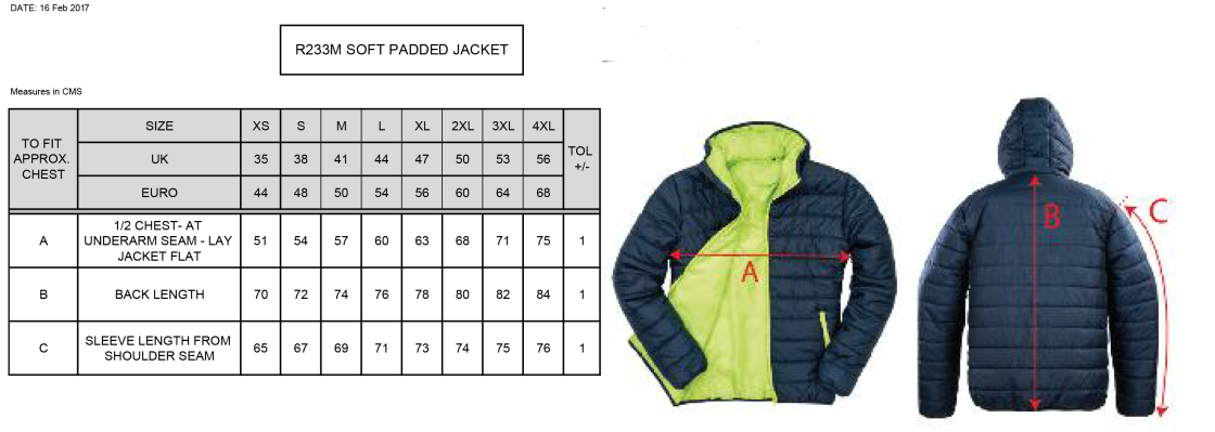 PSC Team Manager - Supersoft Padded Jacket - Navy - Unisex Fit - Size Guide