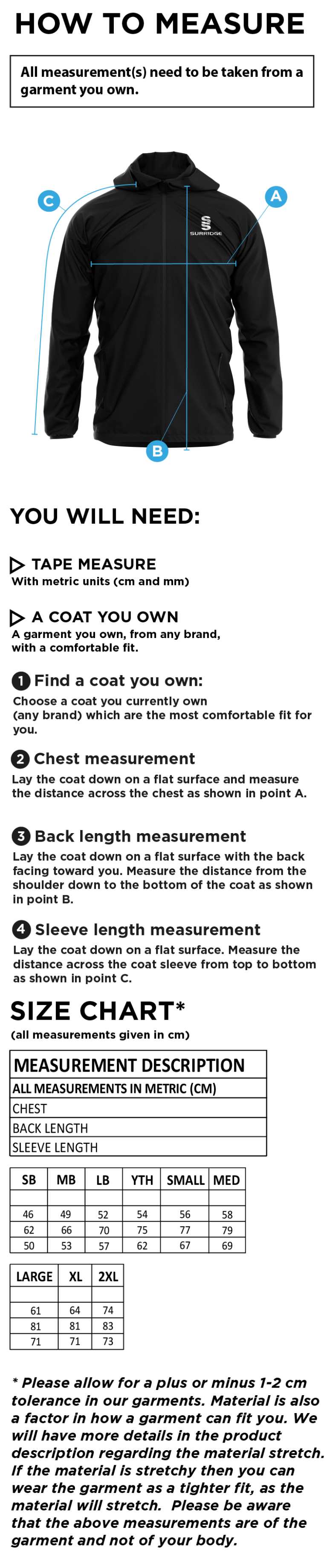 PSC Students - Dual Elite 1/4 Zip Hoody / Rain Jacket - Unisex Fit - Size Guide