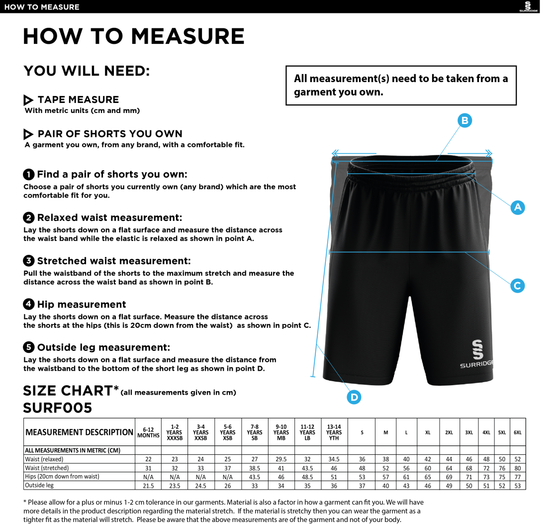 PETER SYMONDS COLLEGE SHORTS - Size Guide
