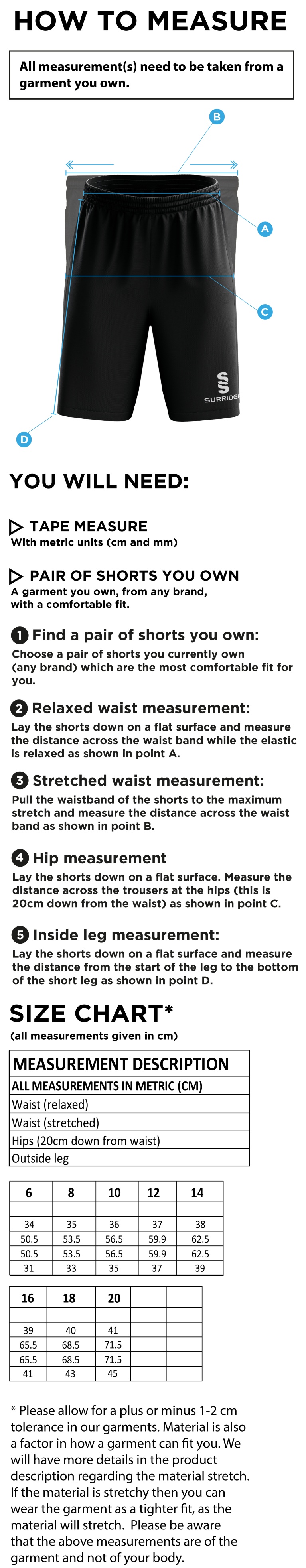 PETER SYMONDS COLLEGE - VOLLEYBALL SHORTS - Women's Fit - Size Guide