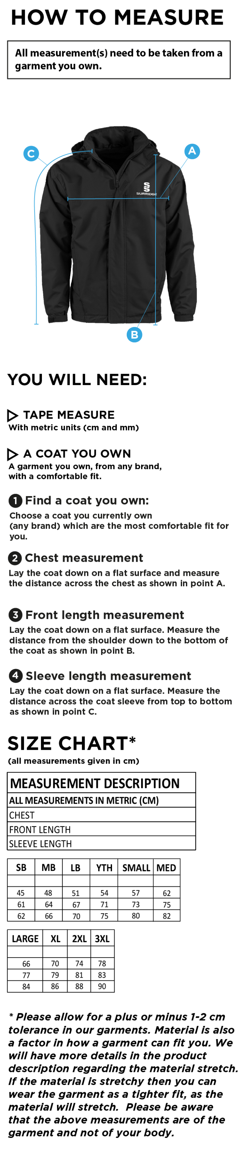 PETER SYMONDS COLLEGE FLEECE LINED JACKET - Size Guide